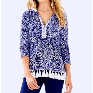 Lilly Pulitzer Womens Geometric Hooded Tunic Fringe Hem Size S Blue